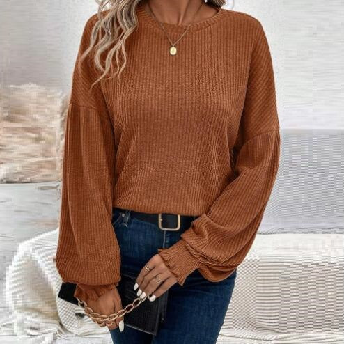 Brown Drop-shoulder Long Sleeve T-Shirt/Sweater in Solid Color - Rahbeel