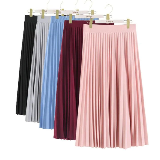 High Waist Black, Pink, Gray, Burgundy and Sky Blue Pleated Skirt in Solid Color - Rahbeel