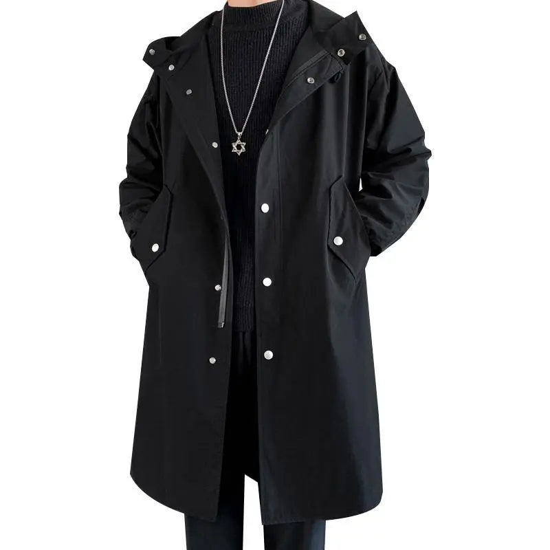 Men's Hooded Trench Windbreaker Jacket/Coat Black and Khaki - Rahbeel