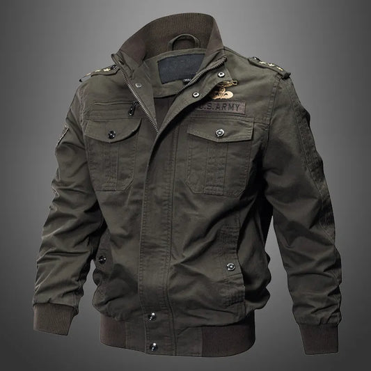 Men's Thin Military-Inspired Army Green Cargo Jacket - Rahbeel