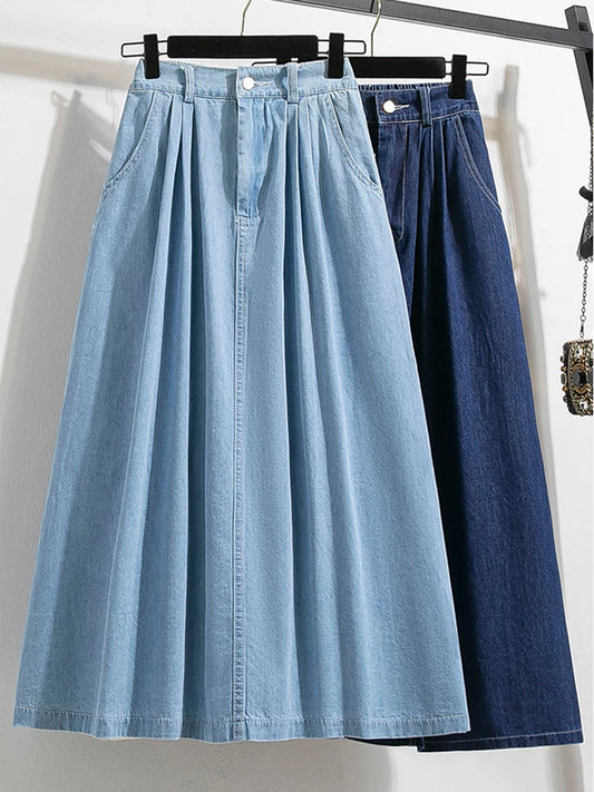 High Waisted Women's Denim Midi Skirt: Light Blue and Blue - Rahbeel