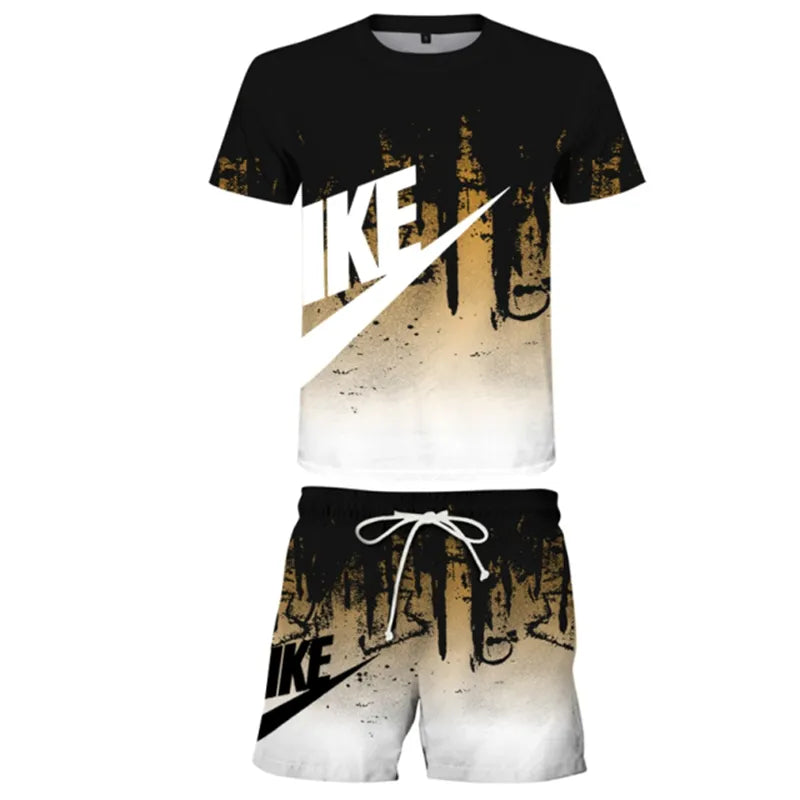 Printed Short Sleeve T-shirt and Sports Shorts Set For Men - Rahbeel