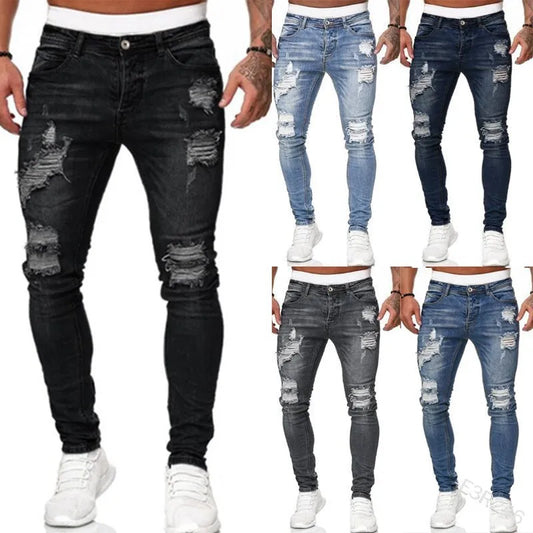 Men's Denim Street Style Ripped Skinny Jeans Black, Blue, Light blue, Gray